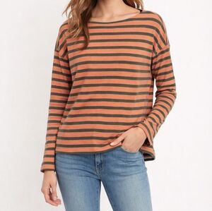 J.Crew Mariner Stripe Boatneck Top M Coral Olive Breton 100% Cotton Long Sleeve